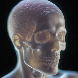 A closeup view of a human head with a transparent skull, revealing the intricately woven brain. Emerging from it are ethereal light strands, symbolizing the projection of consciousness.