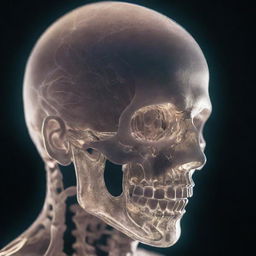 A closeup view of a human head with a transparent skull, revealing the intricately woven brain. Emerging from it are ethereal light strands, symbolizing the projection of consciousness.