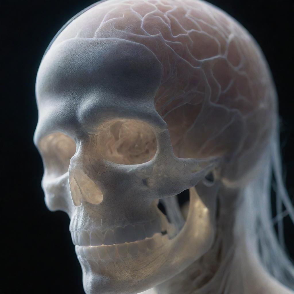 A closeup view of a human head with a transparent skull, revealing the intricately woven brain. Emerging from it are ethereal light strands, symbolizing the projection of consciousness.