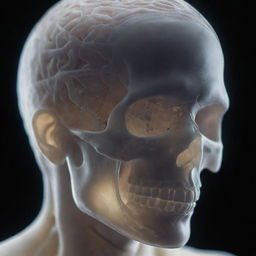 A closeup view of a human head with a transparent skull, revealing the intricately woven brain. Emerging from it are ethereal light strands, symbolizing the projection of consciousness.