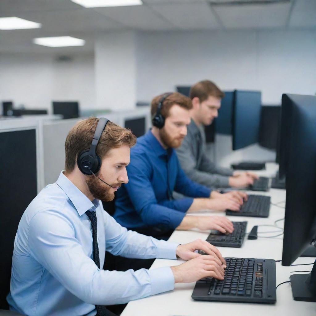 A technical support team in a modern office full of computers, servers, and other high-tech equipment. The team is busily troubleshooting, communicating on headsets, and typing on keyboards.