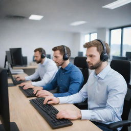 A technical support team in a modern office full of computers, servers, and other high-tech equipment. The team is busily troubleshooting, communicating on headsets, and typing on keyboards.