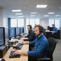 A technical support team in a modern office full of computers, servers, and other high-tech equipment. The team is busily troubleshooting, communicating on headsets, and typing on keyboards.