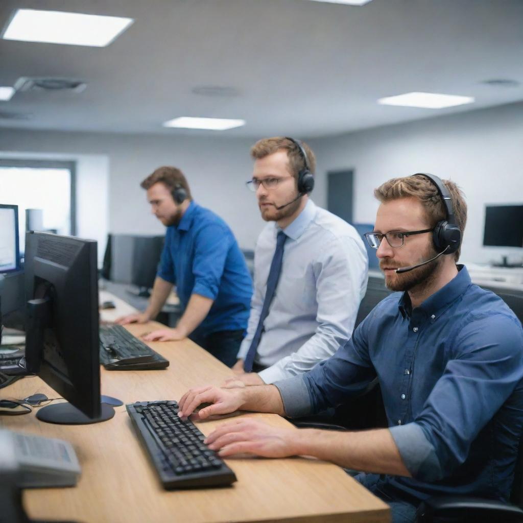 A technical support team in a modern office full of computers, servers, and other high-tech equipment. The team is busily troubleshooting, communicating on headsets, and typing on keyboards.