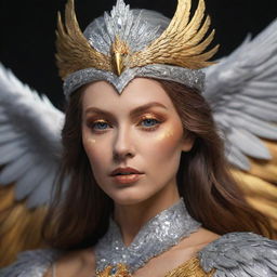 A close-up, realistic depiction of a regal, aggressive phoenix queen, her brilliant hues of silver and gold illuminating as she soars. Focus on her face.