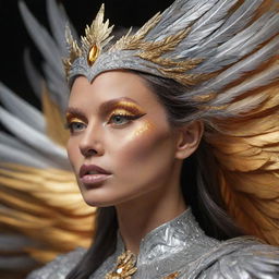 A close-up, realistic depiction of a regal, aggressive phoenix queen, her brilliant hues of silver and gold illuminating as she soars. Focus on her face.