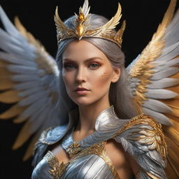 A close-up, realistic depiction of a regal, aggressive phoenix queen, her brilliant hues of silver and gold illuminating as she soars. Focus on her face.