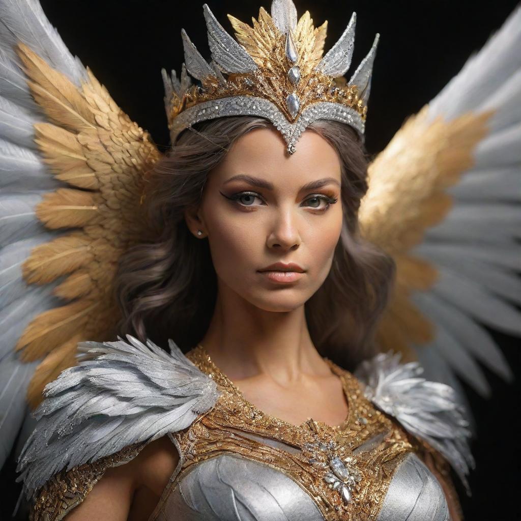 A close-up, realistic depiction of a regal, aggressive phoenix queen, her brilliant hues of silver and gold illuminating as she soars. Focus on her face.