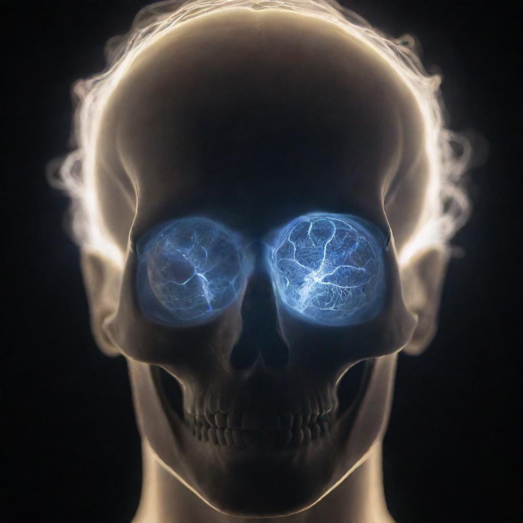 A closeup shot of a human head with a transparent skull, picturing the brain inside. Glowing strands of light extend upwards from the brain, personifying the awakening of consciousness.