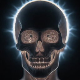 A closeup shot of a human head with a transparent skull, picturing the brain inside. Glowing strands of light extend upwards from the brain, personifying the awakening of consciousness.