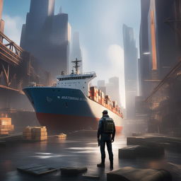 A high-quality digital art image of a cargo ship in the Watch Dogs universe, docked in a high-tech cityscape