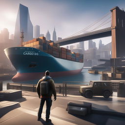 A high-quality digital art image of a cargo ship in the Watch Dogs universe, docked in a high-tech cityscape