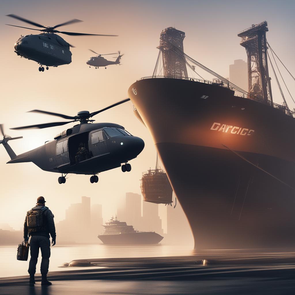 A high-quality digital art image of a cargo ship and two helicopters in a scene inspired by the Watch Dogs video game series