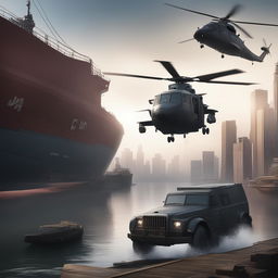 A high-quality digital art image of a cargo ship and two helicopters in a scene inspired by the Watch Dogs video game series