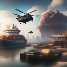 A high-quality digital art image of a cargo ship and two helicopters in a scene inspired by the Watch Dogs video game series