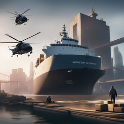 A high-quality digital art image of a cargo ship and two helicopters in a scene inspired by the Watch Dogs video game series