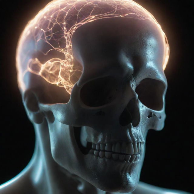 A closeup shot of a human head with a transparent skull, picturing the brain inside. Glowing strands of light extend upwards from the brain, personifying the awakening of consciousness.