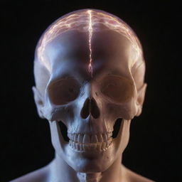 A closeup shot of a human head with a transparent skull, picturing the brain inside. Glowing strands of light extend upwards from the brain, personifying the awakening of consciousness.