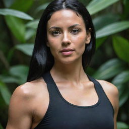 A close-up shot of an athletic woman with black hair wearing a gym suit in a detailed jungle environment.