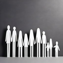 Create a conceptual art piece depicting the contrast between a small, happy family and a large, sad family of 10 members