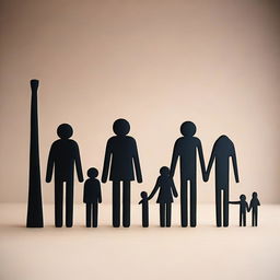 Create a conceptual art piece depicting the contrast between a small, happy family and a large, sad family of 10 members