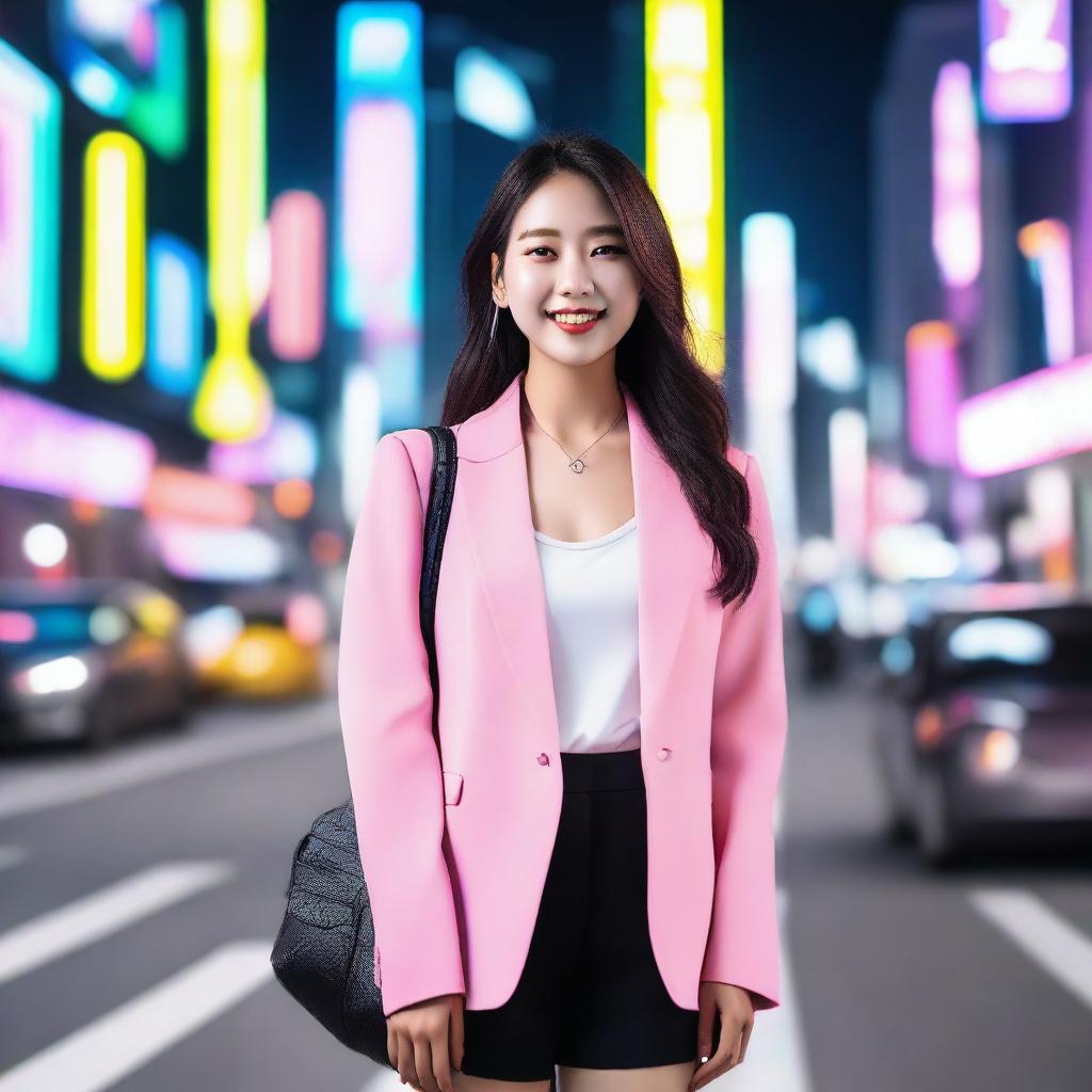 A beautiful and stylish Korean girl in a fashionable outfit, standing in a vibrant cityscape of Seoul