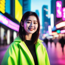 A beautiful and stylish Korean girl in a fashionable outfit, standing in a vibrant cityscape of Seoul