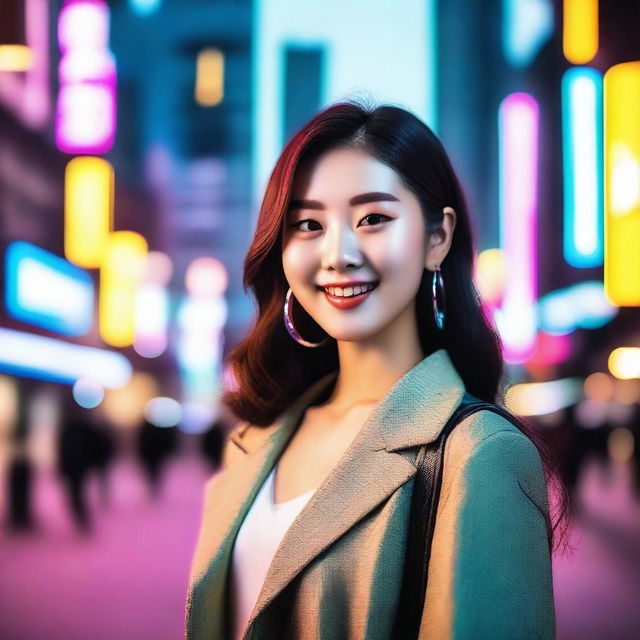 A beautiful and stylish Korean girl in a fashionable outfit, standing in a vibrant cityscape of Seoul