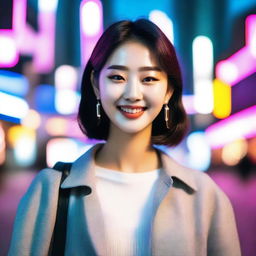 A beautiful and stylish Korean girl in a fashionable outfit, standing in a vibrant cityscape of Seoul