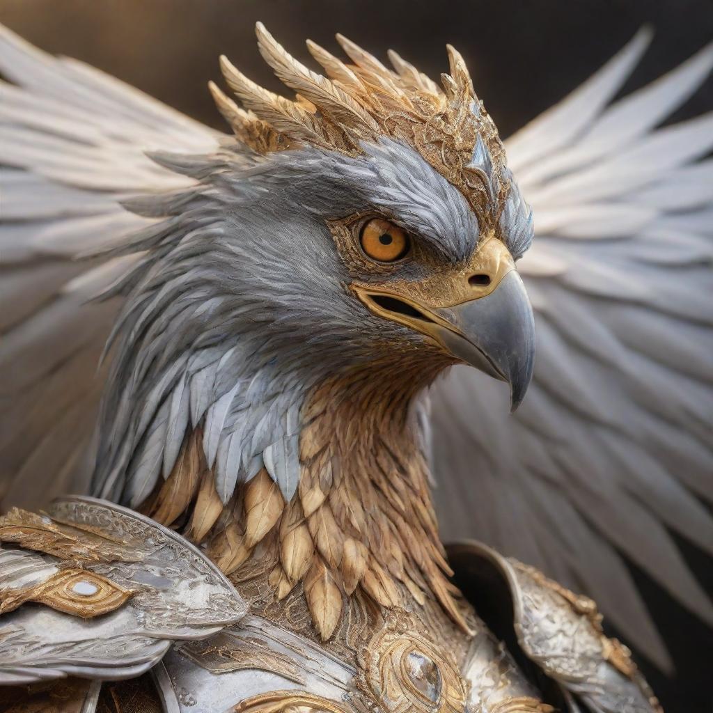 Close-up, realistic depiction of an aggressive phoenix wearing a crown and heavy armor, its metallic colors of silver and gold reflecting light, soaring through the sky. The focus is on its face.