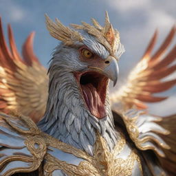 Close-up, realistic depiction of an aggressive phoenix wearing a crown and heavy armor, its metallic colors of silver and gold reflecting light, soaring through the sky. The focus is on its face.