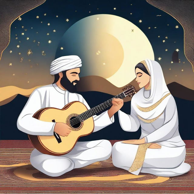 An Arab man sits with his Arab wife, playing some tunes for her on the oriental oud