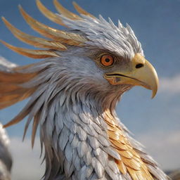 Close-up, realistic depiction of an aggressive phoenix wearing a crown and heavy armor, its metallic colors of silver and gold reflecting light, soaring through the sky. The focus is on its face.