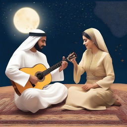 An Arab man sits with his Arab wife, playing some tunes for her on the oriental oud