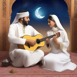 An Arab man sits with his Arab wife, playing some tunes for her on the oriental oud