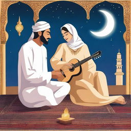 An Arab man sits with his Arab wife, playing some tunes for her on the oriental oud