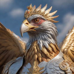 Close-up, realistic depiction of an aggressive phoenix wearing a crown and heavy armor, its metallic colors of silver and gold reflecting light, soaring through the sky. The focus is on its face.