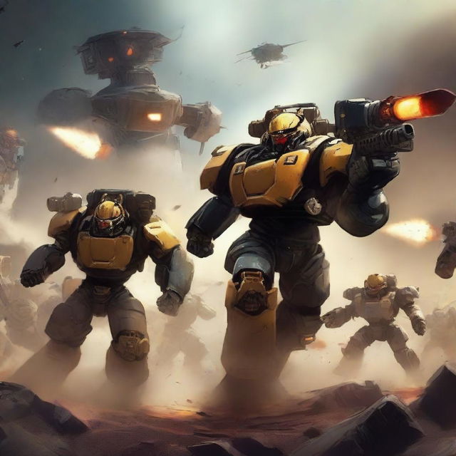 Create a moody and mysterious scene depicting Helldivers engaged in a fierce battle with Robotrons