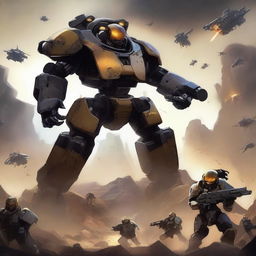 Create a moody and mysterious scene depicting Helldivers engaged in a fierce battle with Robotrons