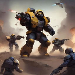 Create a moody and mysterious scene depicting Helldivers engaged in a fierce battle with Robotrons