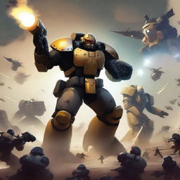 Create a moody and mysterious scene depicting Helldivers engaged in a fierce battle with Robotrons