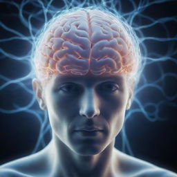 A close-up view of a human head revealing a translucent brain, with radiant threads of consciousness extending upward, set against a mystical backdrop of the astral plane.