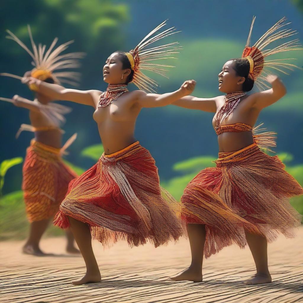 Generate an image that captures the essence of the Caci dance, a traditional whip fighting dance from Flores Island, Indonesia