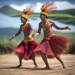 Generate an image that captures the essence of the Caci dance, a traditional whip fighting dance from Flores Island, Indonesia