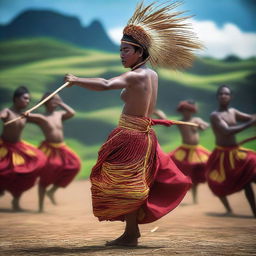 Generate an image that captures the essence of the Caci dance, a traditional whip fighting dance from Flores Island, Indonesia