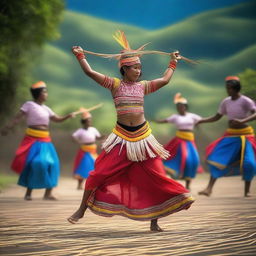 Generate an image that captures the essence of the Caci dance, a traditional whip fighting dance from Flores Island, Indonesia