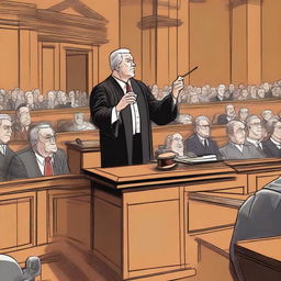 An image of a judge in a courtroom, holding a gavel and making a decision