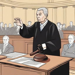 An image of a judge in a courtroom, holding a gavel and making a decision