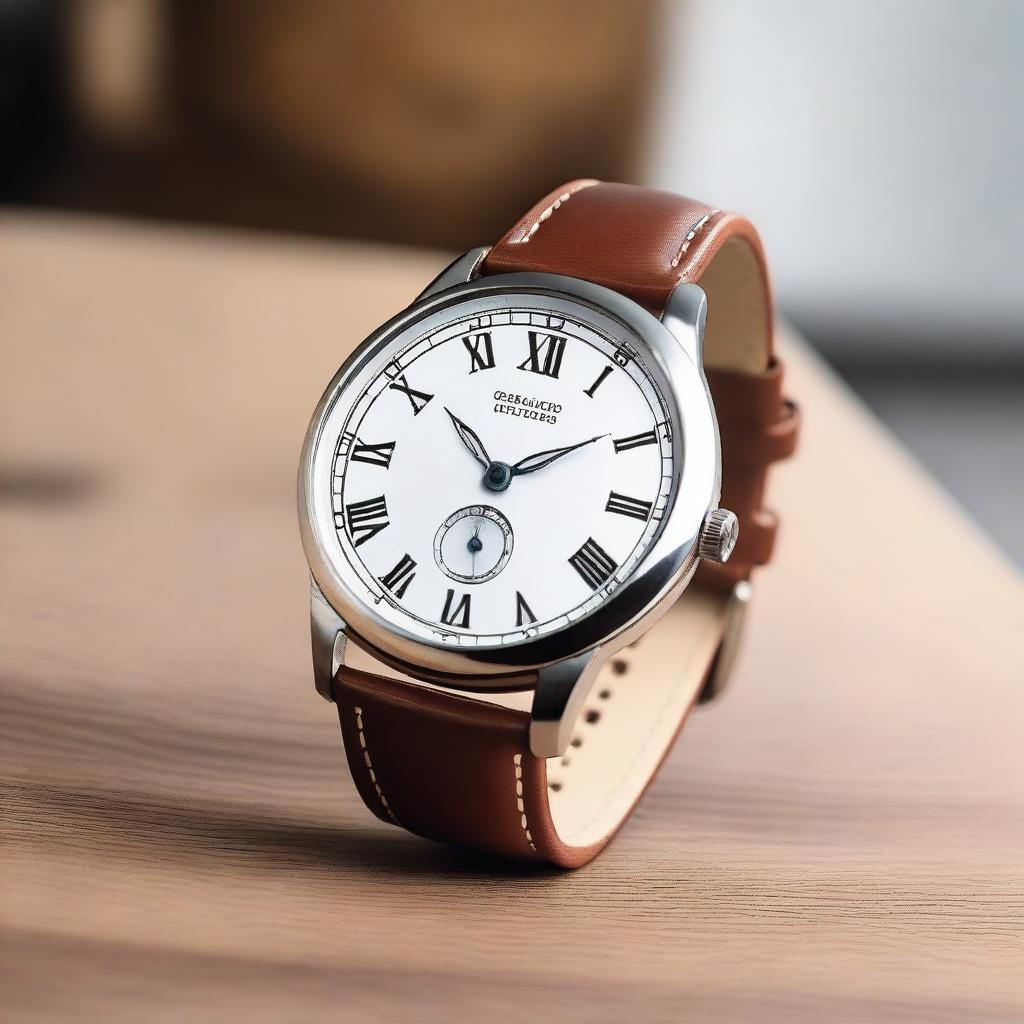 Generate an image of a classic wrist watch with a leather strap and a shiny silver dial