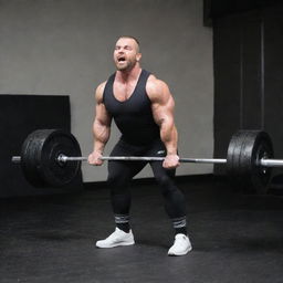 A robust individual struggling with a heavy barbell for a deadlift, resulting in a comedic moment where their pants get ripped